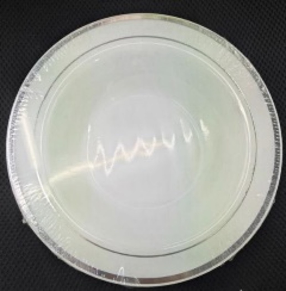 4" WHITE PLASTIC BOWL W/SILVER TRIM 8CT