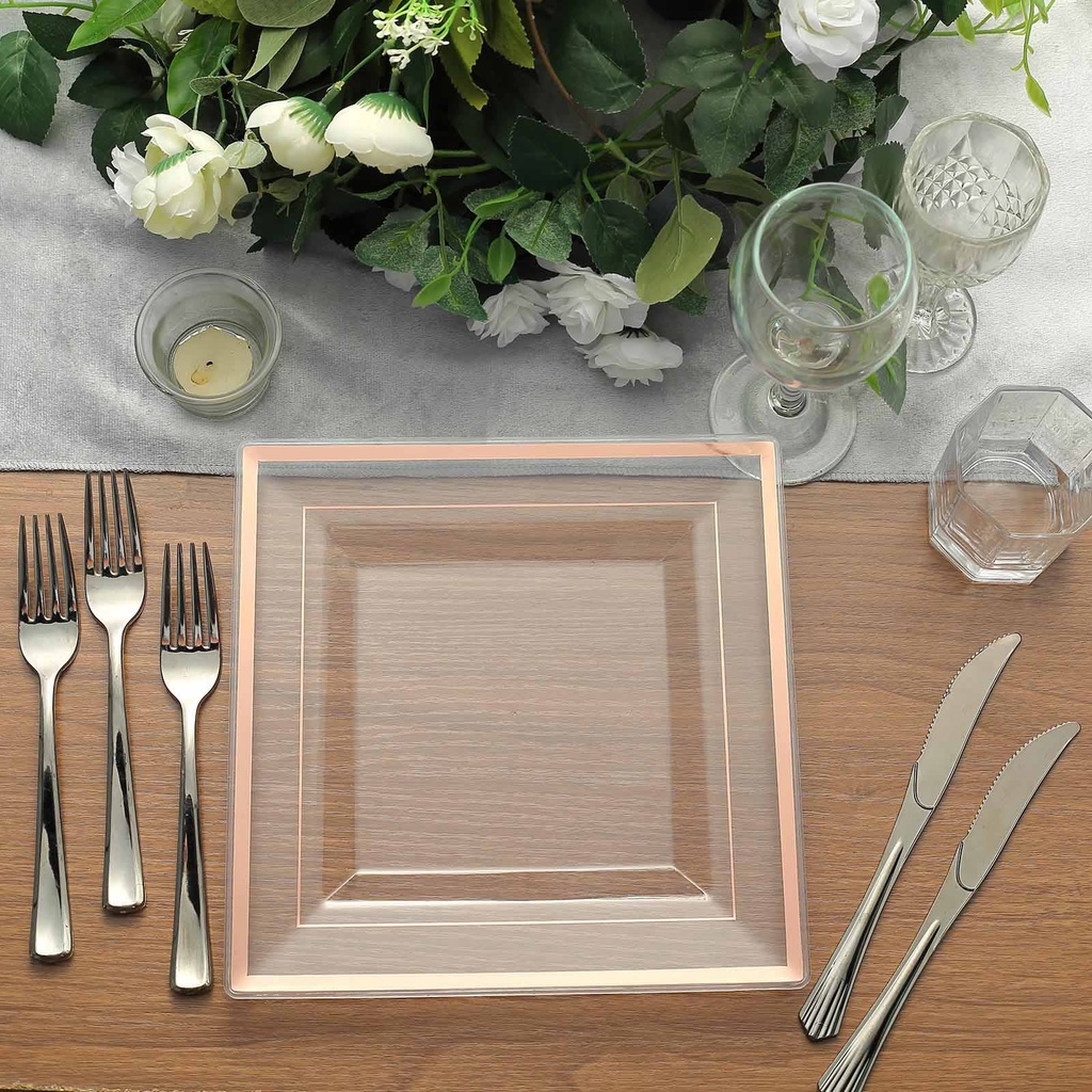 10" | 10 Pack | Rose Gold-Trimmed Clear Disposable Square Dinner Plates