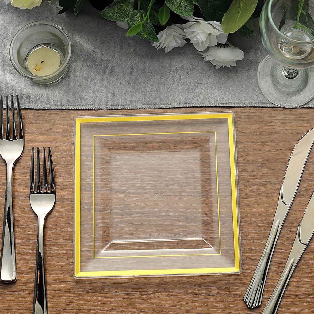 7" | 10 Pack | Gold-Trimmed Clear Disposable Square Dessert Plates