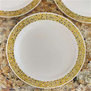9" Ivory/Gold Plastic Plate-Gold Lacey Trim