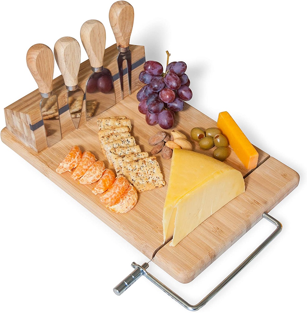 Bamboo Cheese Board with Wire Slicer, 4-Piece Knife Set 7702