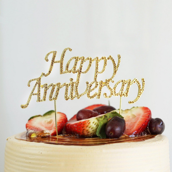 6" Gold Rhinestone Happy Anniversary Cake Topper