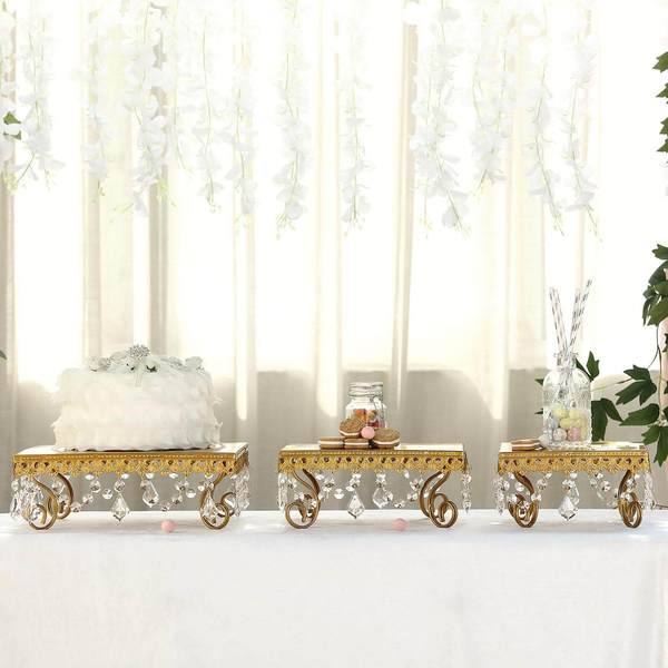 Gold Chandelier Metal Cake Stands | Square Cupcake Stands | Dessert Display With Crystal Pendants 8" Small