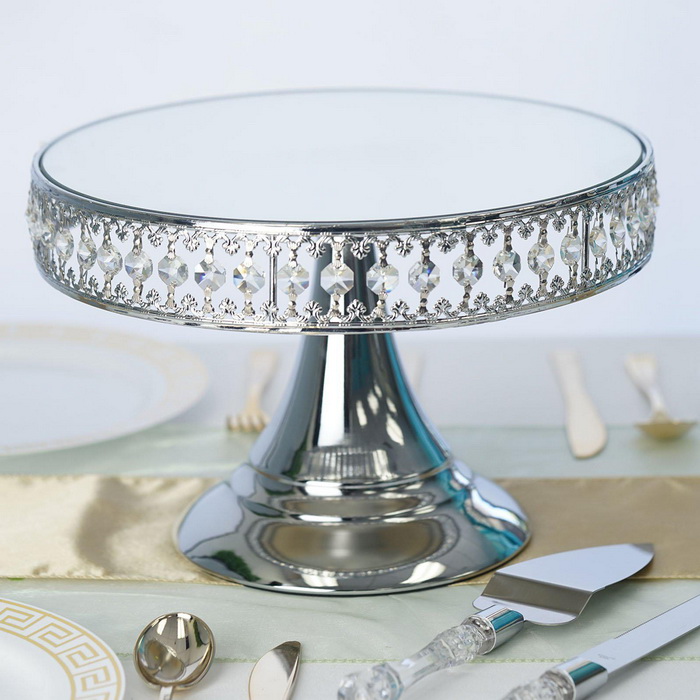 8" Silver Sparkling 65 Crystal Beaded Cake Stand with Mirrored Top - Pack of 1 Cake Stand