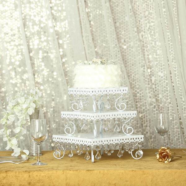 White Chandelier Metal Cake Stands | Square Cupcake Stands | Dessert Display With Crystal Pendants 8" Small