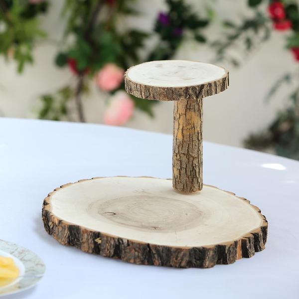 8" Tall | 2 Tier Natural Elm Wood Slab Food Server | Wooden Dessert & Cupcake Stand