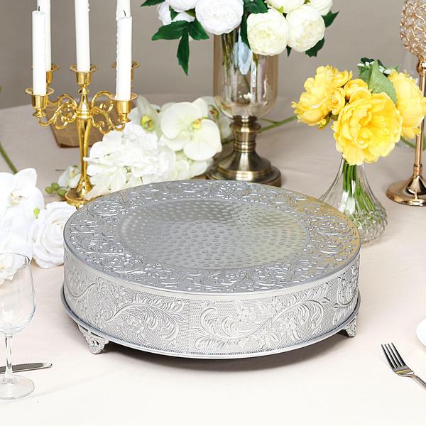 18? Silver Round Embossed Metal Cake Stand