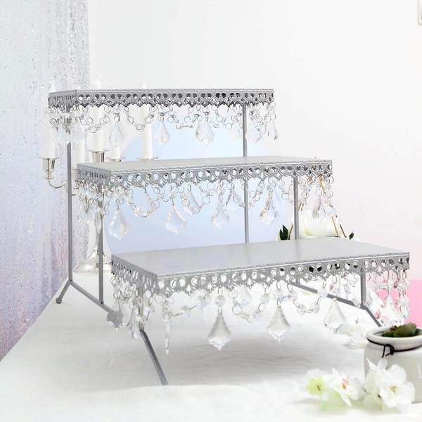 15" Tall | Silver Metal 3 Tier Cake Stand | Cupcake Holder Display Stand With Crystal Pendant