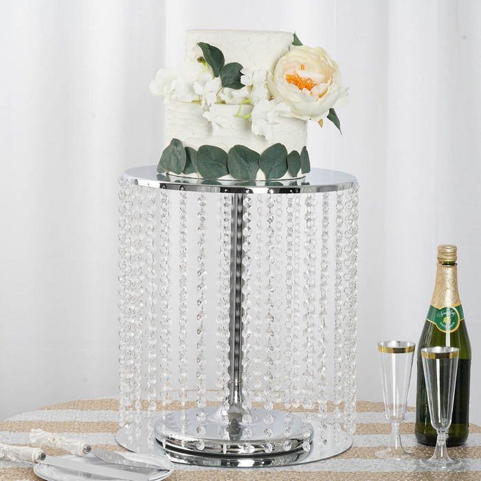 16" Tall | Silver Metal Cake Stand | Cupcake Display Stand with 35 Acrylic Crystal Chains - Pack of 1 Chandelier Cake Stand