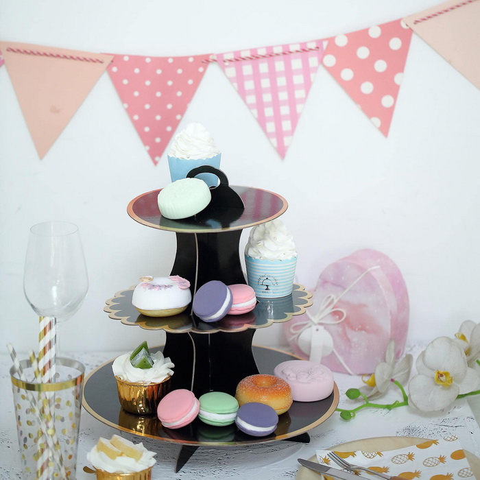 3 Tier | 13" Black Cardboard Cupcake Stand | Gold Scalloped Edge Dessert Tower & Food Display Stand