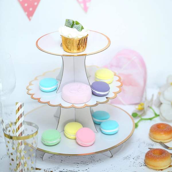 3 Tier | 13" White Cardboard Cupcake Stand | Gold Scalloped Edge Dessert Tower & Food Display Stand
