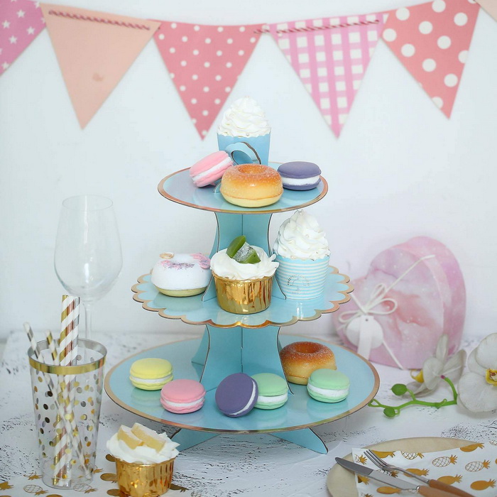 3 Tier | 13" Blue Cardboard Cupcake Stand | Gold Scalloped Edge Dessert Tower & Food Display Stand