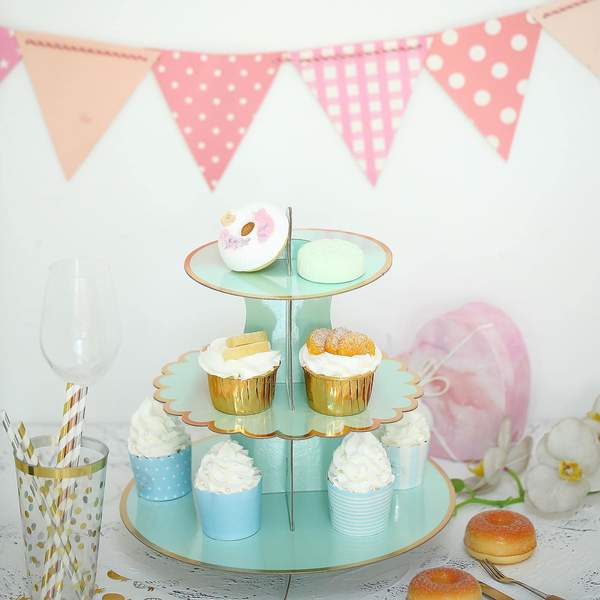 3 Tier | 13" Mint Cardboard Cupcake Stand | Gold Scalloped Edge Dessert Tower & Food Display Stand
