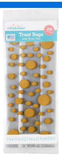 TREAT BAGS GOLD POLKA DOT W/TWIST TIES 20CT