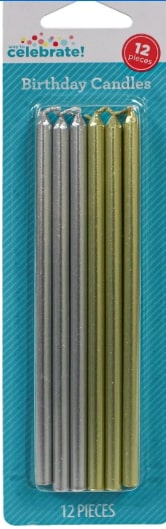 WTC SILVER/ GOLD LONG BIRTHDAY CANDLES 12PC