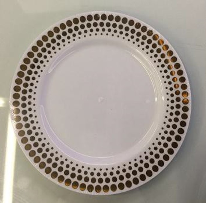 10" WHITE PLASTIC PLATE W/GOLD DOTTED RIM 3CT