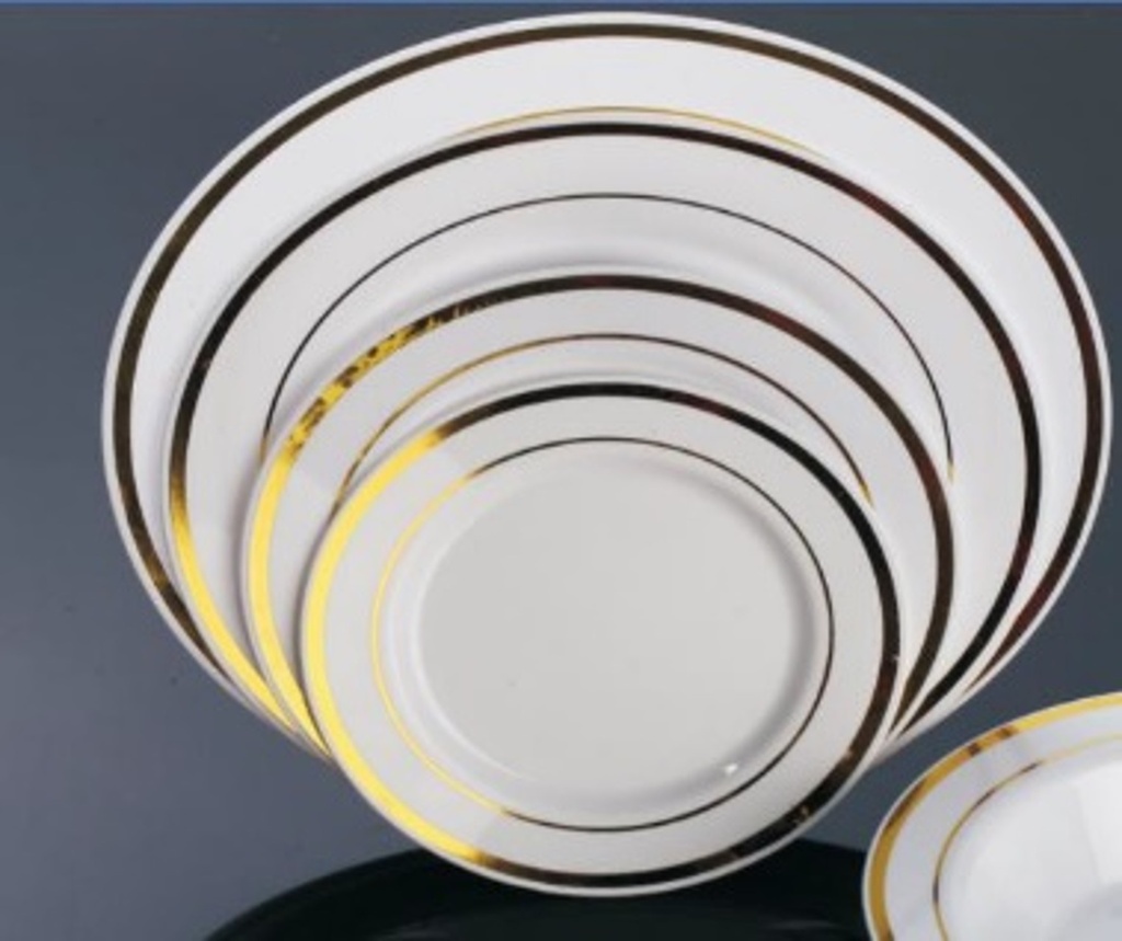 7" WHITE PLASTIC PLATE W/GOLD TRIM 6CT