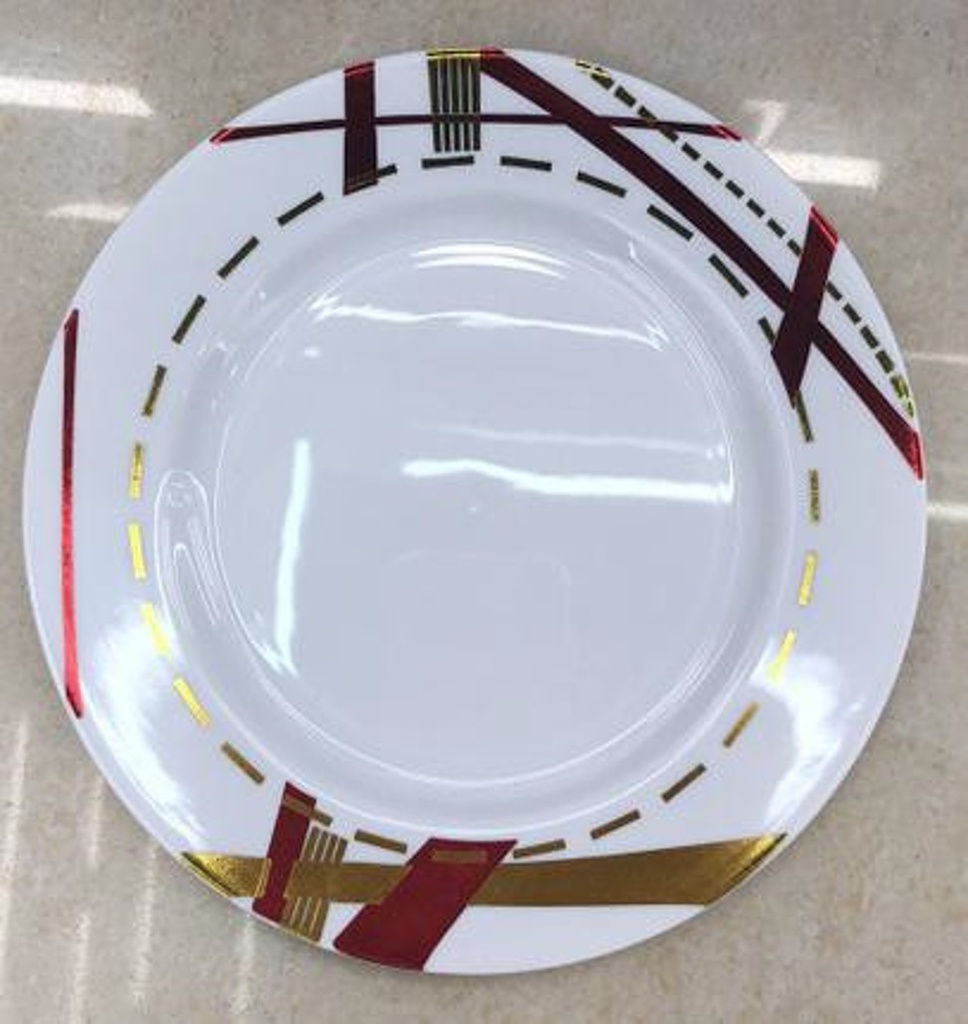 6" WHITE PLASTIC PLATE W/GOLD &amp; RED DESIGN RIM 8CT