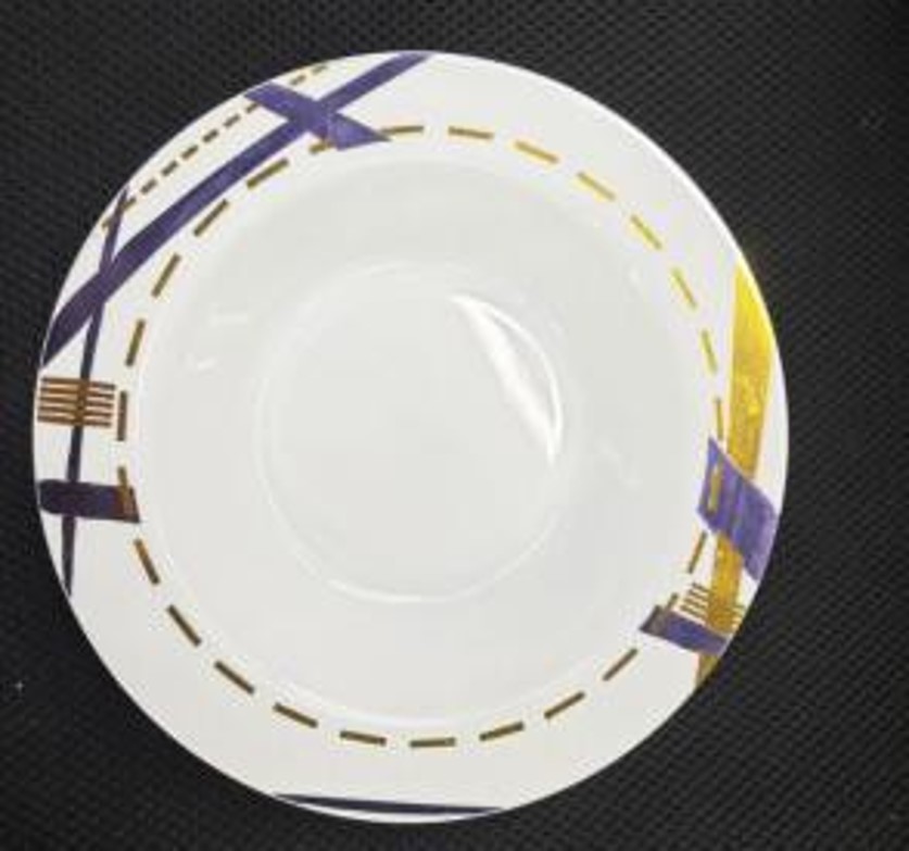 7" WHITE PLASTIC PLATE W/GOLD &amp; BLUE DESIGN RIM 6CT