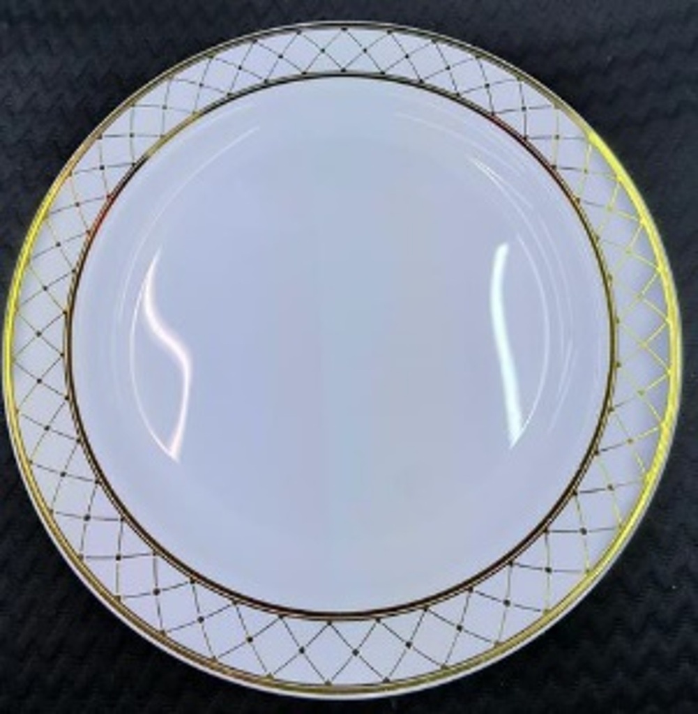 9" WHITE PLASTIC PLATE W/GOLD DIAMOND DESIGN RIM 5CT