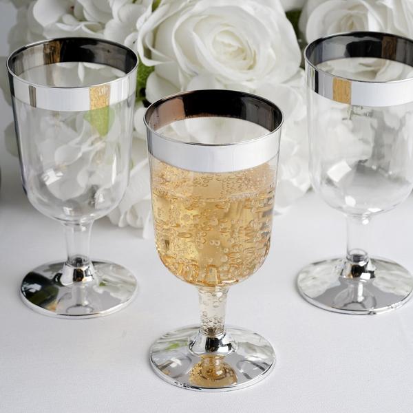 7 oz Silver/Clear Plastic Cup-Silver-Rimmed Disposable Wine Glass