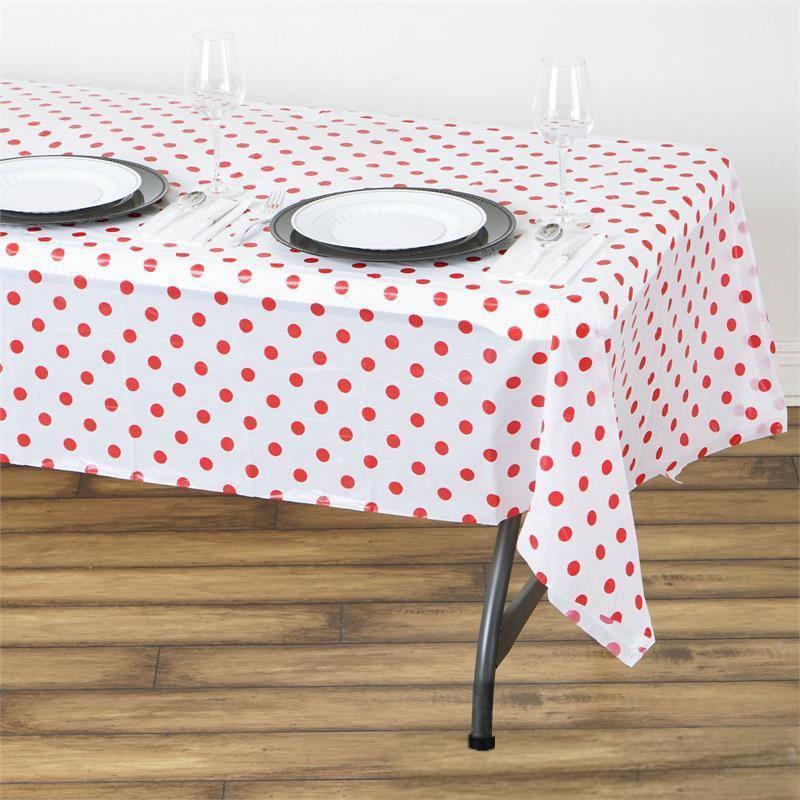 54" x 108" White/Red Vinyl Table Cover-Polka Dot Design