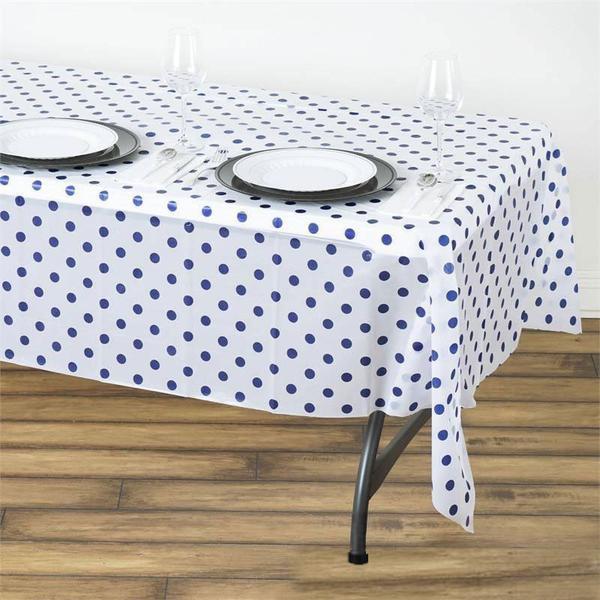 54" x 108" White/Royal Blue Vinyl Table Cover-Polka Dot Design