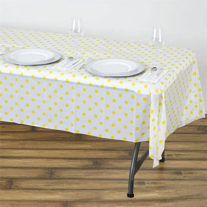 54" x 108" White/Yellow Vinyl Table Cover-Polka Dot Design