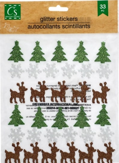 CHRISTMAS GLITTER STICKERS 33PC (SNOWFLAKE,TREE, RAINDEER)